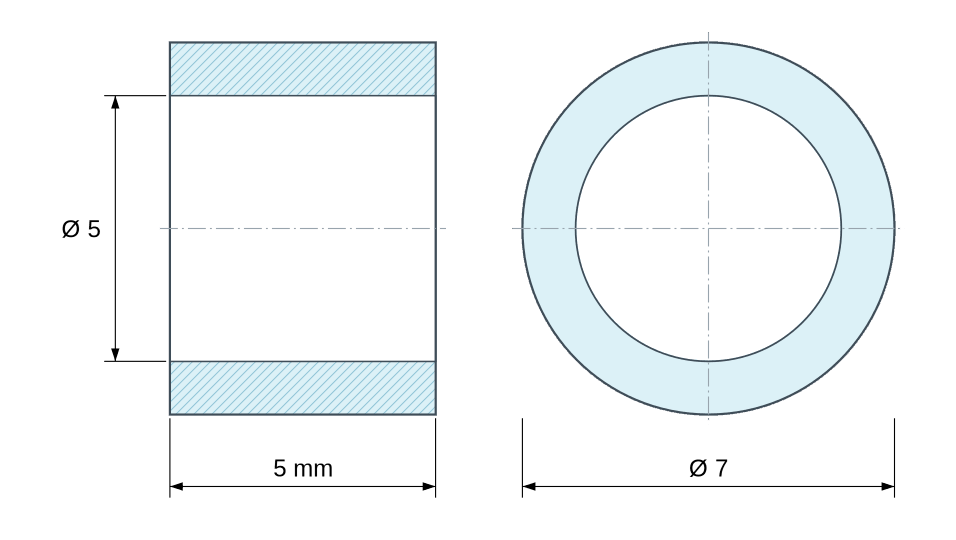 Dimensioned drawing: Round aluminium spacer Ø5x7mm for M5 screw