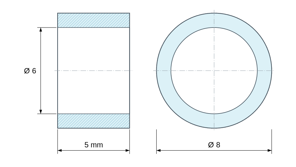 Dimensioned drawing: Round aluminium spacer Ø6x8mm for M6 screw