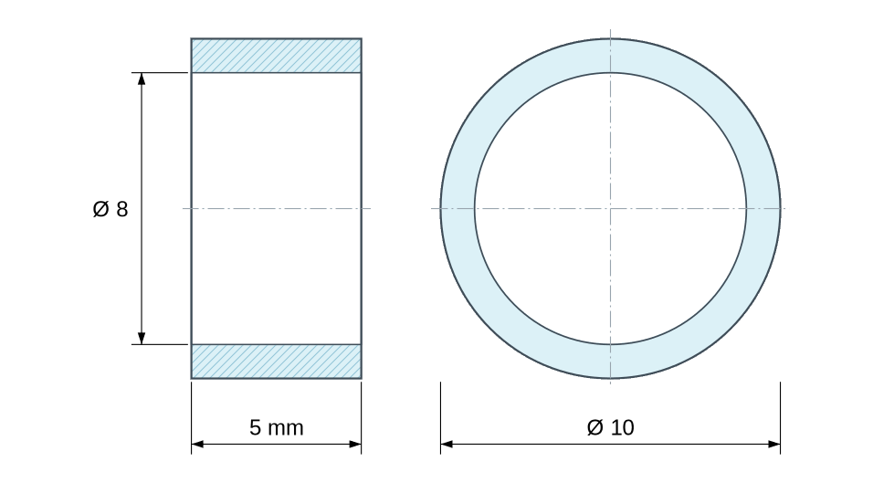 Dimensioned drawing: Round aluminium spacer Ø8x10mm for M8 screw