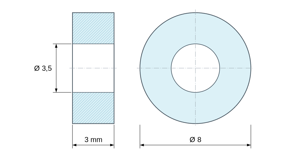 Dimensioned drawing: Round PA6 polyamide plastic spacer Ø3.5x8mm for M3 screw