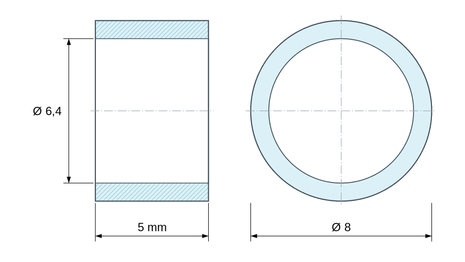 Dimensioned drawing: Round stainless steel spacer Ø6.4x8mm for M6 screw