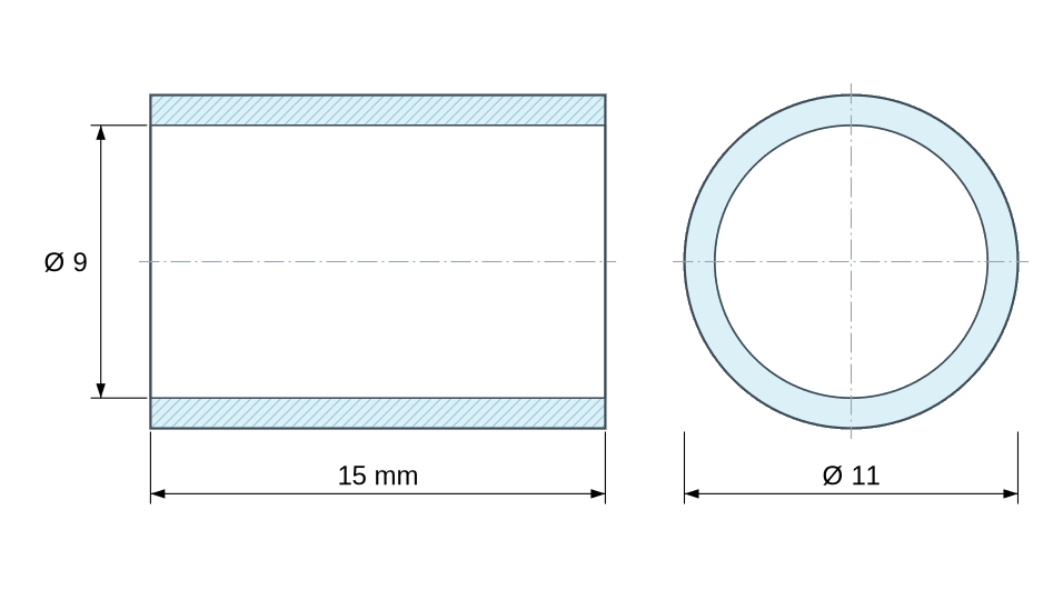 Dimensioned drawing: Round stainless steel spacer Ø9x11mm for M8 screw