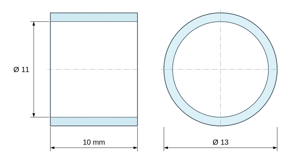 Dimensioned drawing: Round stainless steel spacer Ø11x13mm for M10 screw