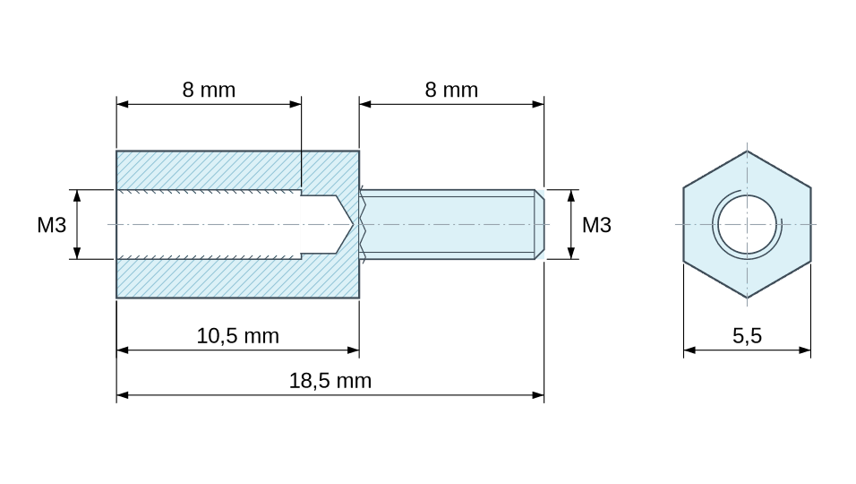 Dimensioned drawing, Hexagonal male/female threaded spacer nickel-plated steel M3 - 5.5 mm across flats Dimensioned drawing, Hexagonal male/female threaded spacer nickel-plated steel M3 - 5.5 mm across flats