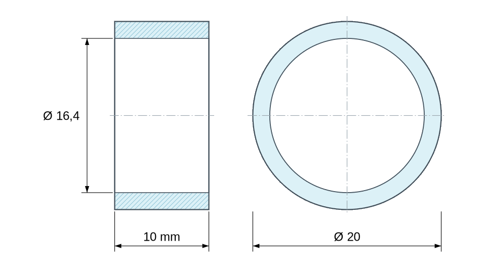 Dimensioned drawing, zinc-plated steel spacer Ø16.4x20 mm Dimensioned drawing, zinc-plated steel spacer Ø16.4x20 mm