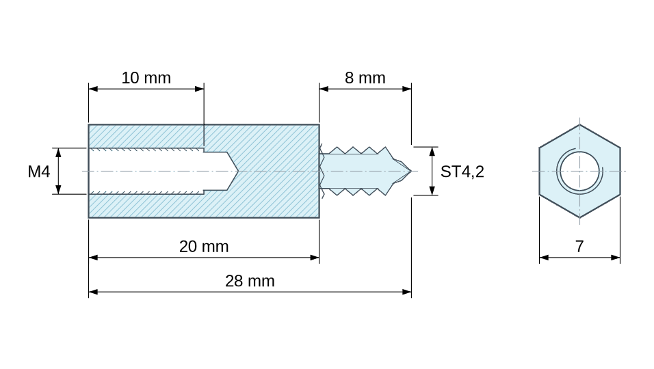 Dimensioned drawing, Hexagonal self-tapping threaded spacer zinc-plated steel M4 - 7 mm across flats Dimensioned drawing, Hexagonal self-tapping threaded spacer zinc-plated steel M4 - 7 mm across flats