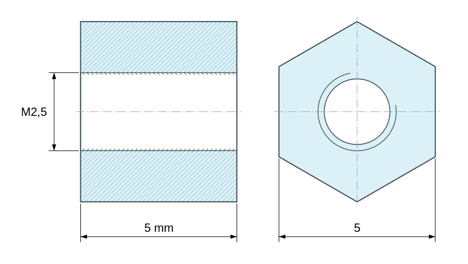 Dimensioned drawing, Hexagonal female/female threaded spacer zinc-plated steel M2.5 - 5 mm across flats