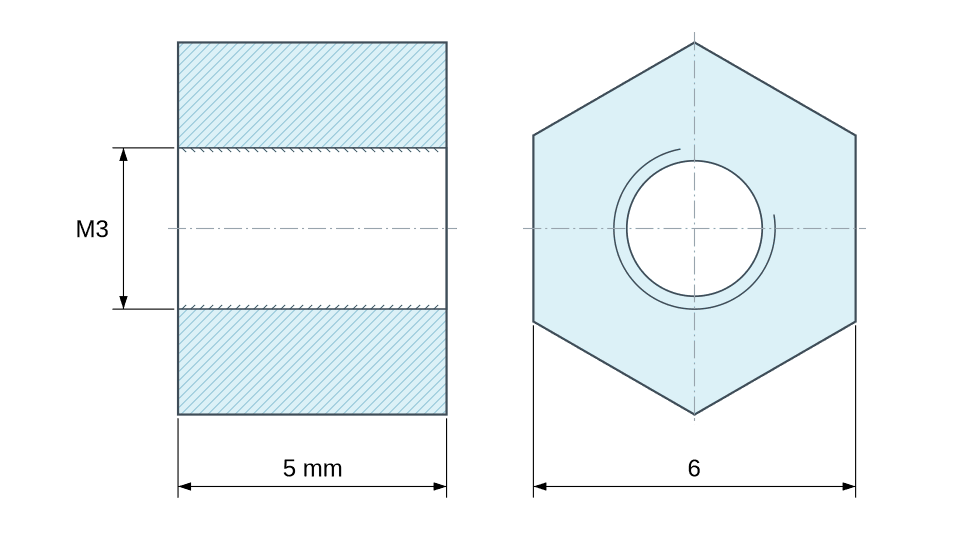 Dimensioned drawing, Hexagonal female/female threaded spacer zinc-plated steel M3 - 6 mm across flats Dimensioned drawing, Hexagonal female/female threaded spacer zinc-plated steel M3 - 6 mm across flats