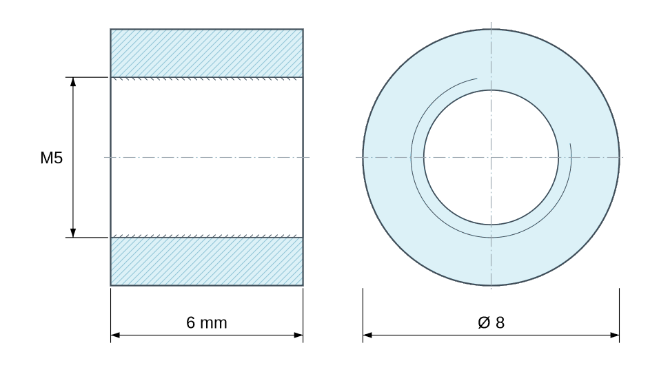 Dimensioned drawing, Round female/female threaded spacer zinc-plated steel M5 - Ø8 mm Dimensioned drawing, Round female/female threaded spacer zinc-plated steel M5 - Ø8 mm
