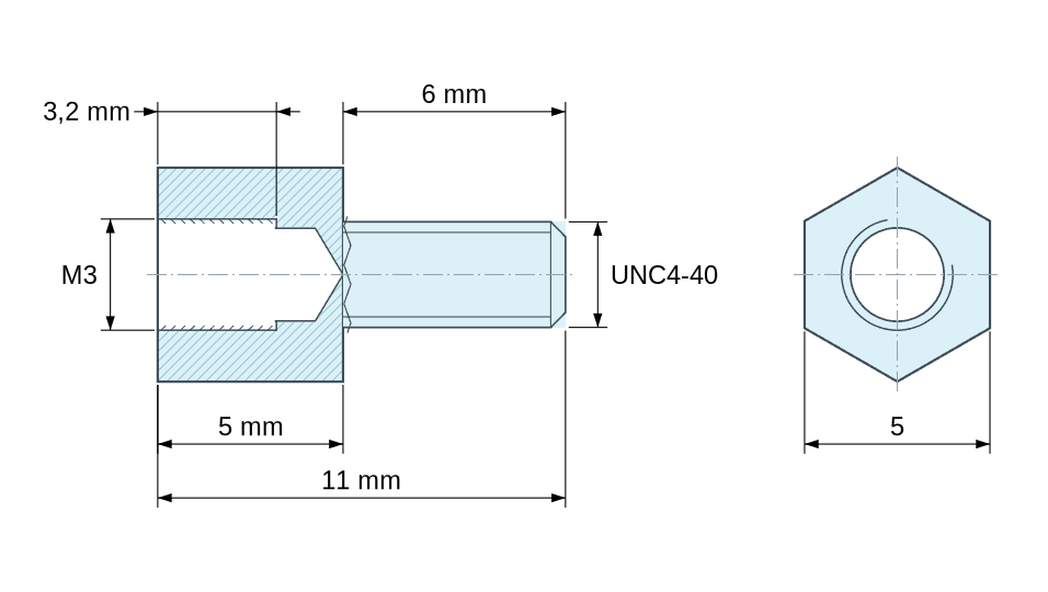 Dimensioned drawing, Hexagonal male/female threaded spacer yellow zinc-plated steel M3 - 5 mm across flats Dimensioned drawing, Hexagonal male/female threaded spacer yellow zinc-plated steel M3 - 5 mm across flats