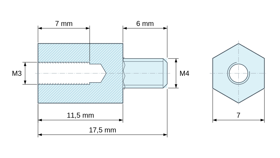 Dimensioned drawing, Hexagonal male/female threaded spacer yellow zinc-plated steel M3 - 7 mm across flats Dimensioned drawing, Hexagonal male/female threaded spacer yellow zinc-plated steel M3 - 7 mm across flats