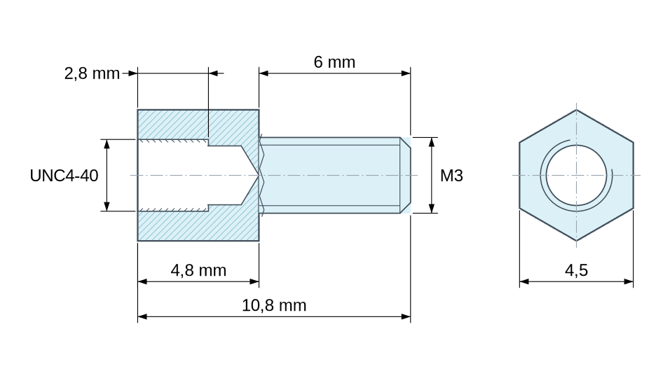 Dimensioned drawing, Hexagonal male/female threaded spacer yellow zinc-plated steel UNC4-40 - 4.5 mm across flats Dimensioned drawing, Hexagonal male/female threaded spacer yellow zinc-plated steel UNC4-40 - 4.5 mm across flats