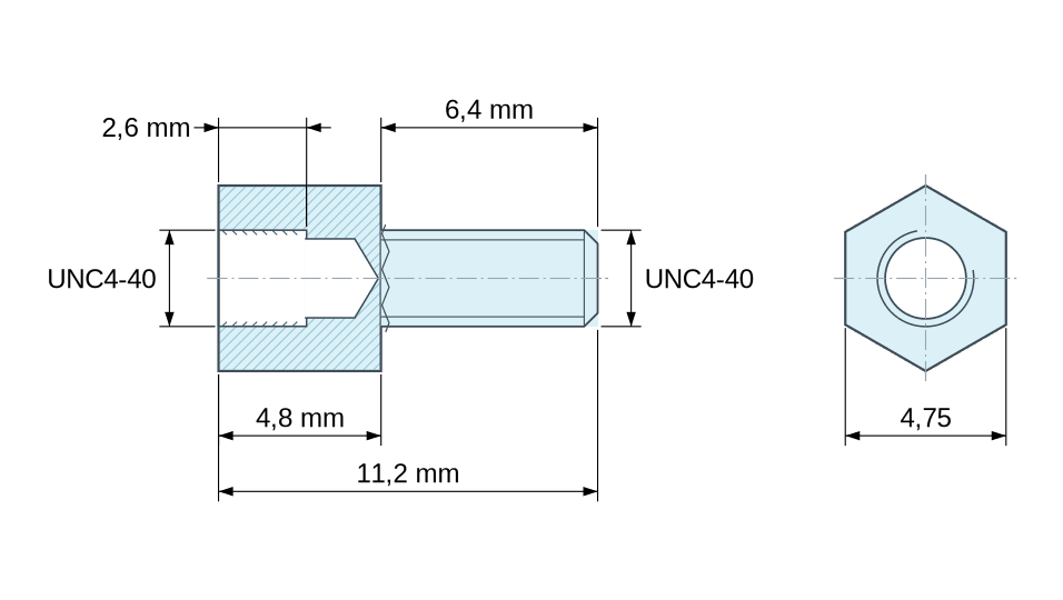 Dimensioned drawing, Hexagonal male/female threaded spacer yellow zinc-plated steel UNC4-40 - 4.75 mm across flats Dimensioned drawing, Hexagonal male/female threaded spacer yellow zinc-plated steel UNC4-40 - 4.75 mm across flats