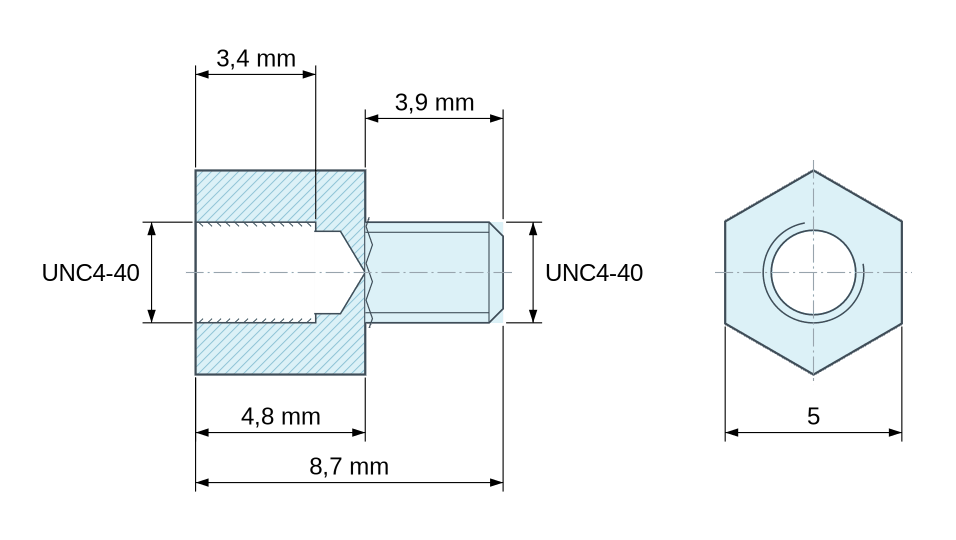 Dimensioned drawing, Hexagonal male/female threaded spacer yellow zinc-plated steel UNC4-40 - 5 mm across flats Dimensioned drawing, Hexagonal male/female threaded spacer yellow zinc-plated steel UNC4-40 - 5 mm across flats