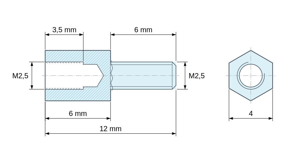 Dimensioned drawing, Hexagonal male/female threaded spacer zinc-plated steel M2.5 - 4 mm across flats Dimensioned drawing, Hexagonal male/female threaded spacer zinc-plated steel M2.5 - 4 mm across flats