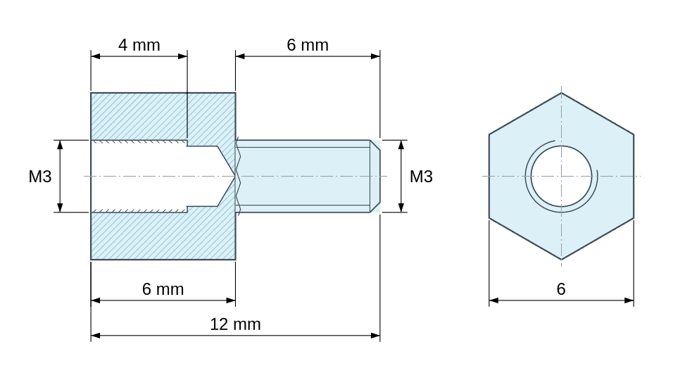 Dimensioned drawing, Hexagonal male/female threaded spacer zinc-plated steel M3 - 6 mm across flats Dimensioned drawing, Hexagonal male/female threaded spacer zinc-plated steel M3 - 6 mm across flats