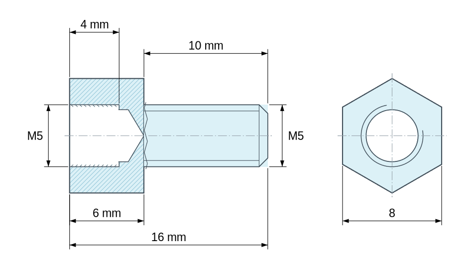 Dimensioned drawing, Hexagonal male/female threaded spacer zinc-plated steel M5 - 8 mm across flats Dimensioned drawing, Hexagonal male/female threaded spacer zinc-plated steel M5 - 8 mm across flats