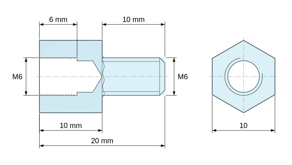 Dimensioned drawing, Hexagonal male/female threaded spacer zinc-plated steel M6 - 10 mm across flats Dimensioned drawing, Hexagonal male/female threaded spacer zinc-plated steel M6 - 10 mm across flats