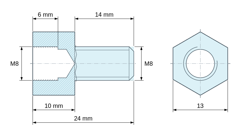 Dimensioned drawing, Hexagonal male/female threaded spacer zinc-plated steel M8 - 13 mm across flats Dimensioned drawing, Hexagonal male/female threaded spacer zinc-plated steel M8 - 13 mm across flats