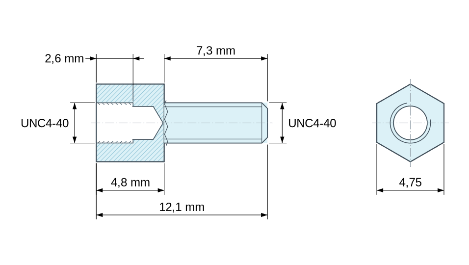 Dimensioned drawing, Hexagonal male/female threaded spacer zinc-plated steel UNC4-40 - 4.75 mm across flats Dimensioned drawing, Hexagonal male/female threaded spacer zinc-plated steel UNC4-40 - 4.75 mm across flats