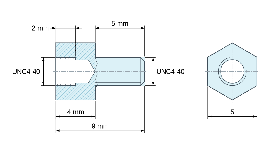 Dimensioned drawing, Hexagonal male/female threaded spacer zinc-plated steel UNC4-40 - 5 mm across flats Dimensioned drawing, Hexagonal male/female threaded spacer zinc-plated steel UNC4-40 - 5 mm across flats