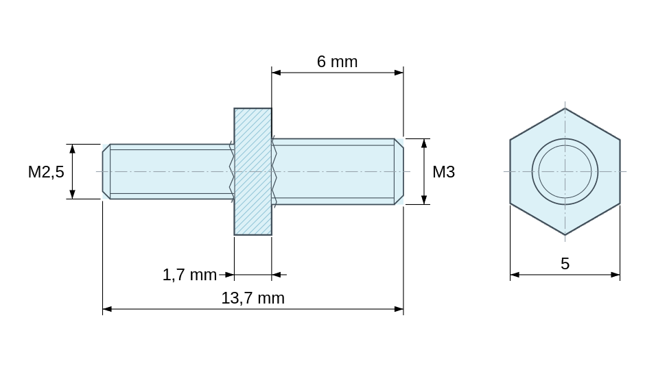 Dimensioned drawing, Hexagonal male/male threaded spacer zinc-plated steel M2.5 - 5 mm across flats
