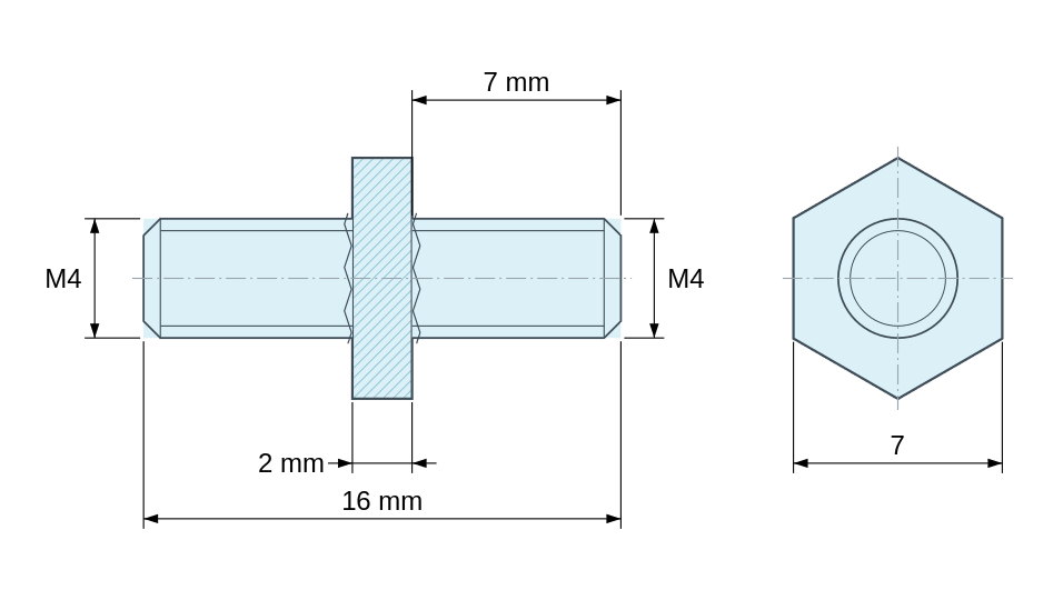 Dimensioned drawing, Hexagonal male/male threaded spacer zinc-plated steel M4 - 7 mm across flats Dimensioned drawing, Hexagonal male/male threaded spacer zinc-plated steel M4 - 7 mm across flats