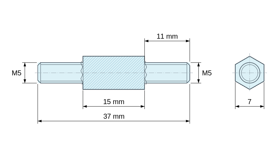 Dimensioned drawing, Hexagonal male/male threaded spacer zinc-plated steel M5 - 7 mm across flats Dimensioned drawing, Hexagonal male/male threaded spacer zinc-plated steel M5 - 7 mm across flats