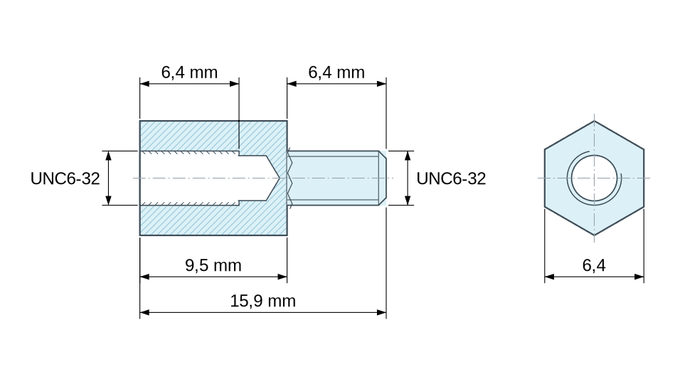 Dimensioned drawing, Hexagonal male/female threaded spacer aluminium UNC6-32 - 6.4 mm across flats