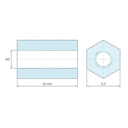 [decl 10mm] Entretoise hexagonale filetée femelle/femelle aluminium passivé M3 - 5,5 mm sur plats