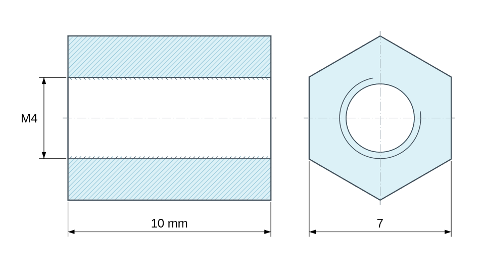 Dimensioned drawing, Hexagonal female/female threaded spacer passivated aluminium M4 - 7 mm across flats Dimensioned drawing, Hexagonal female/female threaded spacer passivated aluminium M4 - 7 mm across flats