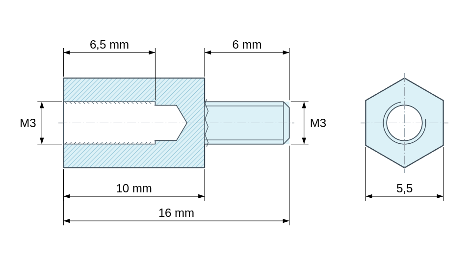 Dimensioned drawing, Hexagonal male/female threaded spacer passivated aluminium M3 - 5.5 mm across flats Dimensioned drawing, Hexagonal male/female threaded spacer passivated aluminium M3 - 5.5 mm across flats