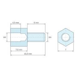 [decl 7.5mm / 8 mm] Entretoise hexagonale filetée mâle/femelle aluminium passivé M4 - 7 mm sur plats
