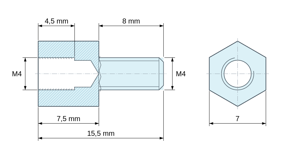 Dimensioned drawing, Hexagonal male/female threaded spacer passivated aluminium M4 - 7 mm across flats Dimensioned drawing, Hexagonal male/female threaded spacer passivated aluminium M4 - 7 mm across flats