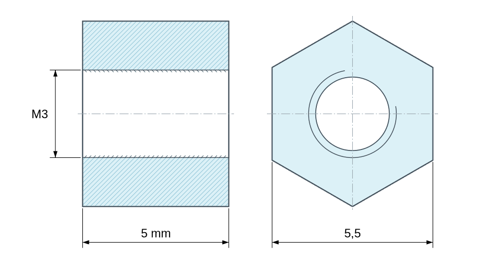 Dimensioned drawing, Hexagonal female/female threaded spacer stainless steel M3 - 5.5 mm across flats