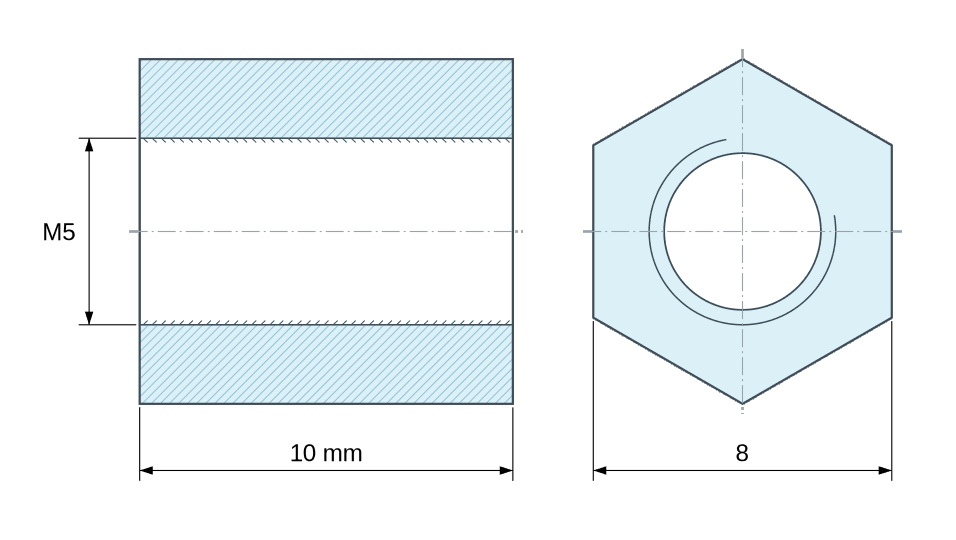 Dimensioned drawing, Hexagonal female/female threaded spacer stainless steel M5 - 8 mm across flats