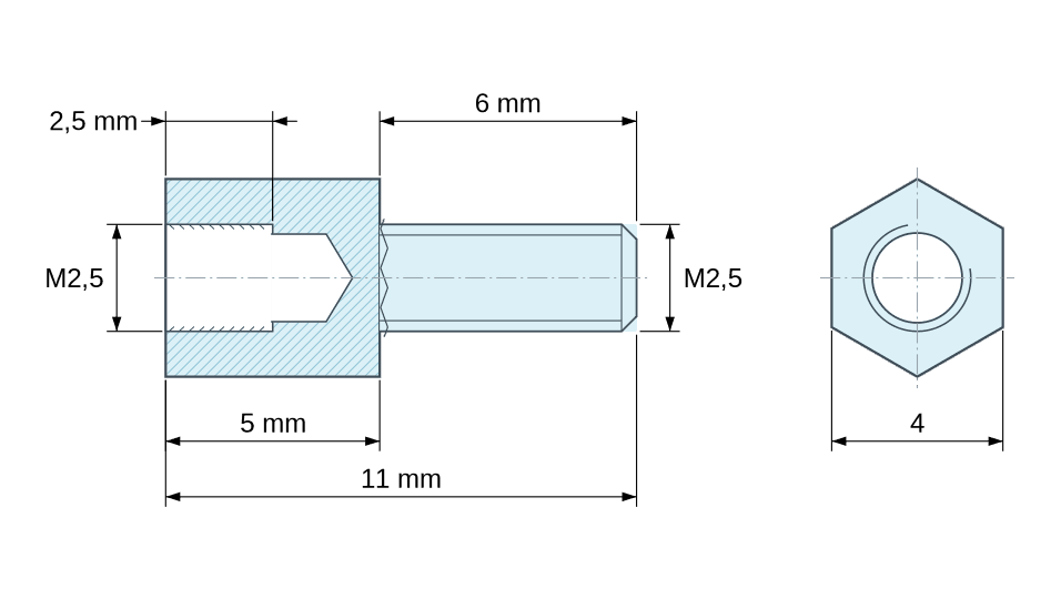 Dimensioned drawing, Hexagonal male/female threaded spacer stainless steel M2.5 - 4 mm across flats Dimensioned drawing, Hexagonal male/female threaded spacer stainless steel M2.5 - 4 mm across flats