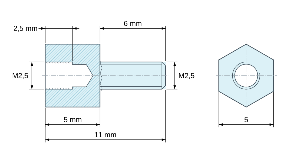 Dimensioned drawing, Hexagonal male/female threaded spacer stainless steel M2.5 - 5 mm across flats