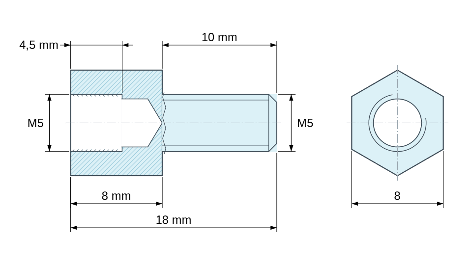 Dimensioned drawing, Hexagonal male/female threaded spacer stainless steel M5 - 8 mm across flats