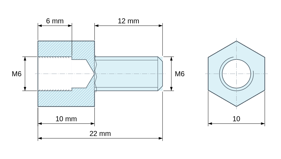 Dimensioned drawing, Hexagonal male/female threaded spacer stainless steel M6 - 10 mm across flats