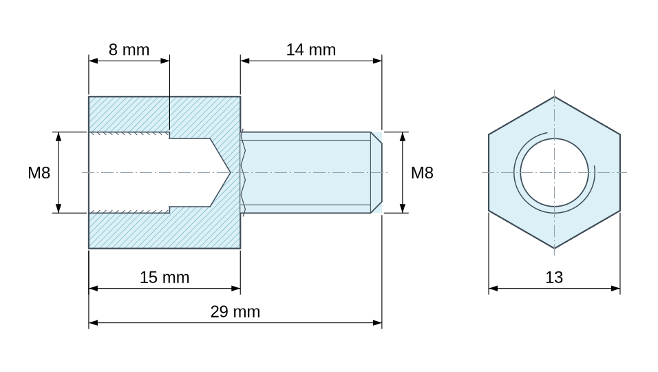 Dimensioned drawing, Hexagonal male/female threaded spacer stainless steel M8 - 13 mm across flats