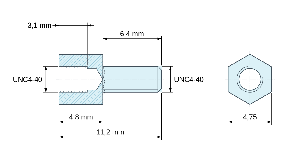 Dimensioned drawing, Hexagonal male/female threaded spacer stainless steel UNC4-40 - 4.75 mm across flats Dimensioned drawing, Hexagonal male/female threaded spacer stainless steel UNC4-40 - 4.75 mm across flats
