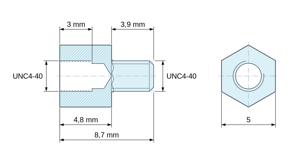 Dimensioned drawing, Hexagonal male/female threaded spacer stainless steel UNC4-40 - 5 mm across flats
