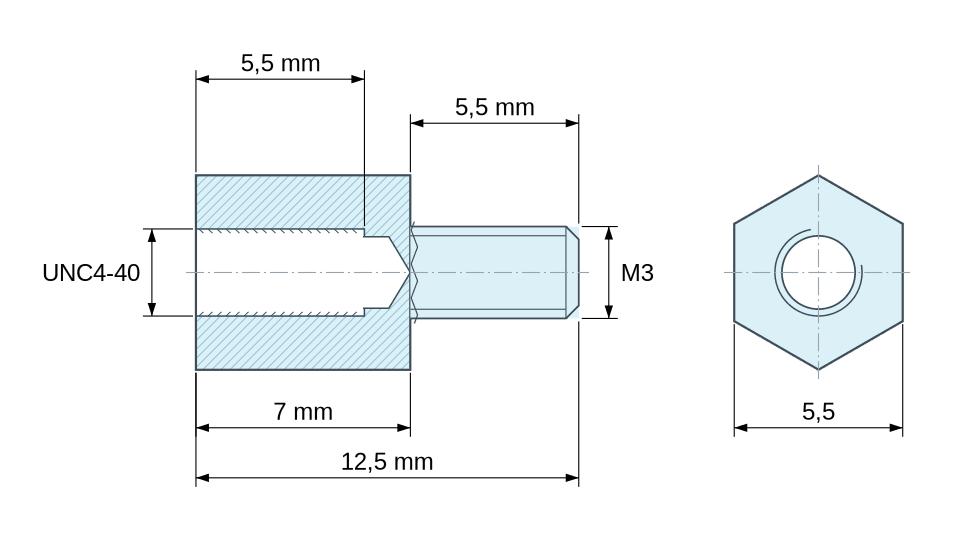 Dimensioned drawing, Hexagonal male/female threaded spacer stainless steel UNC4-40 - 5.5 mm across flats Dimensioned drawing, Hexagonal male/female threaded spacer stainless steel UNC4-40 - 5.5 mm across flats