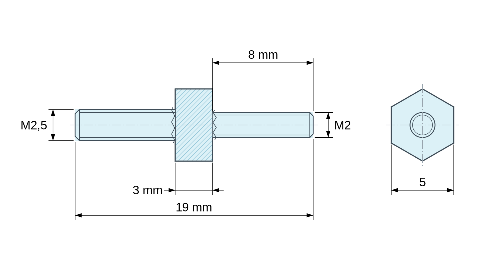 Dimensioned drawing, Hexagonal male/male threaded spacer stainless steel M2.5 - 5 mm across flats Dimensioned drawing, Hexagonal male/male threaded spacer stainless steel M2.5 - 5 mm across flats