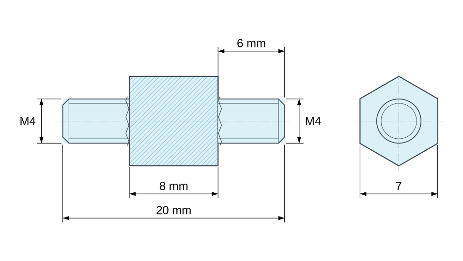 Dimensioned drawing, Hexagonal male/male threaded spacer stainless steel M4 - 7 mm across flats Dimensioned drawing, Hexagonal male/male threaded spacer stainless steel M4 - 7 mm across flats