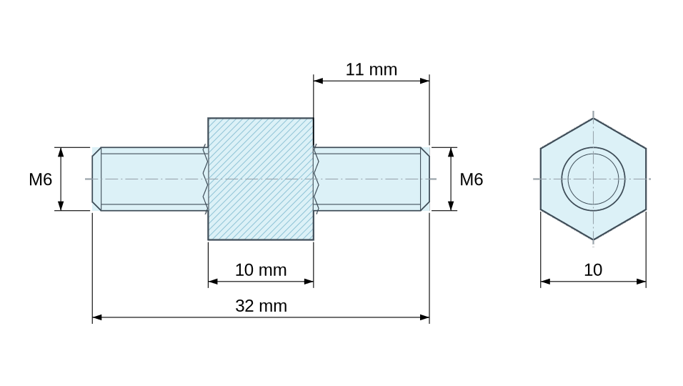 Dimensioned drawing, Hexagonal male/male threaded spacer stainless steel M6 - 10 mm across flats Dimensioned drawing, Hexagonal male/male threaded spacer stainless steel M6 - 10 mm across flats