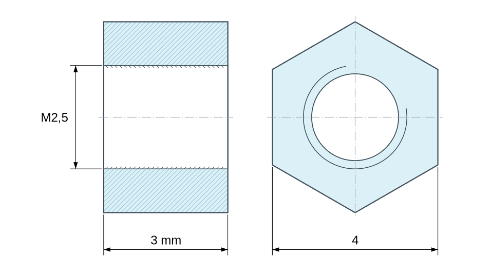 Dimensioned drawing, Hexagonal female/female threaded spacer nickel-plated brass M2.5 - 4 mm across flats