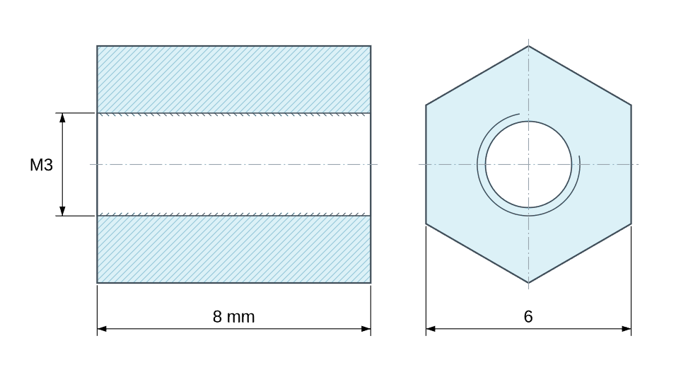 Dimensioned drawing, Hexagonal female/female threaded spacer nickel-plated brass M3 - 6 mm across flats