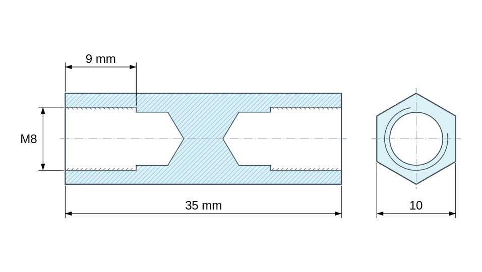 Dimensioned drawing, Hexagonal female/female threaded spacer nickel-plated brass M8 - 10 mm across flats